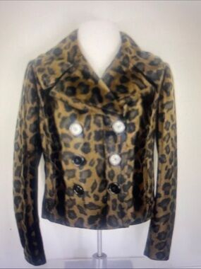 Macy’s INC Leopard Print Faux Fur Double-Breasted Jacket - Brown/Black Size M